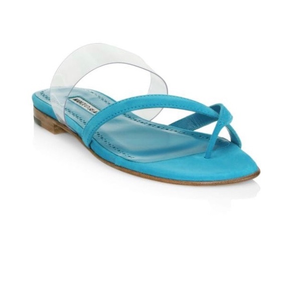 New Manolo Blahnik Blue Teal Susina Crisscross Toe-Strap Flat Sandals Size 37 - Picture 3 of 12